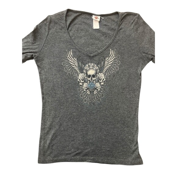 Harley Davidson Skull Wing Long Sleeve Top Womens Y2K Grunge Biker - Picture 2 of 9